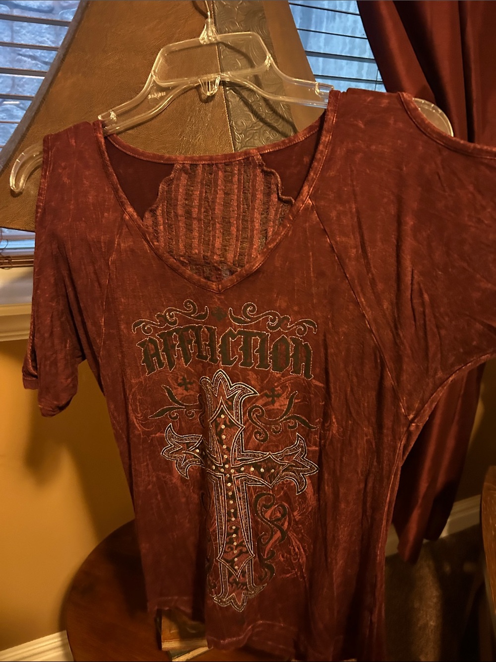 Affliction Women's Burgundy Cold-Shoulder Graphic Tee with Embellished Cross